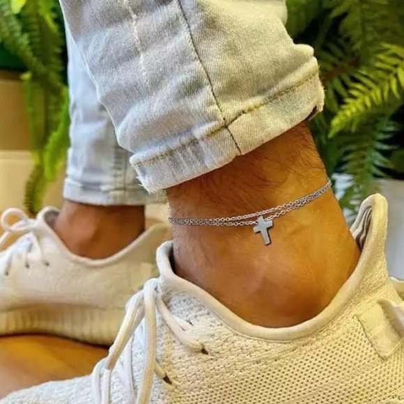 mprainbow Other - [New] Men's Anklet With Cross Charm, Double Chain Silver Solid Stainless Anklet